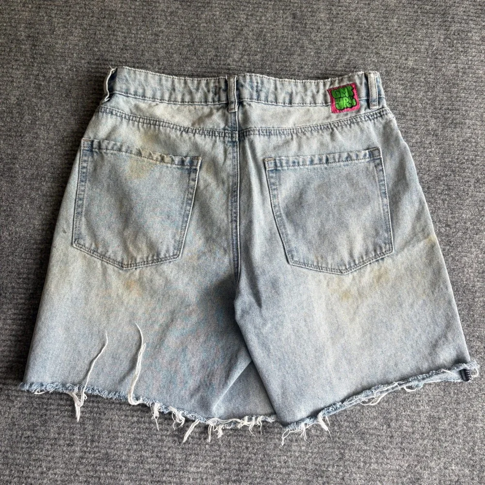 Empyre Light Wash Denim Mini Skirt Size 10 Embroidered Logo Raw Hem Frayed Blue - Picture 9 of 12